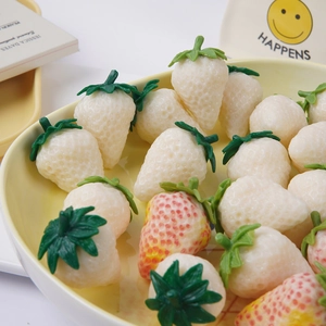 Lifelike PVC white cream strawberry model in a ceramic bowl for photography props