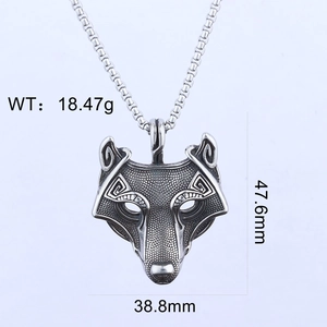 Detailed view of silver wolf head pendant with measurements 47.6mm height and 38.8mm width