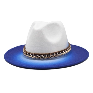 Stylish fedora hat with white crown, blue gradient brim and golden chain accessory