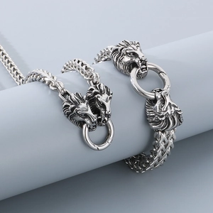 Hip hop lion head stainless steel necklace with silver braided dragon link chain design