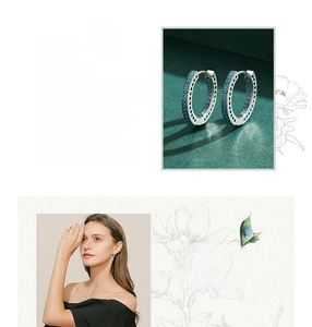 Detail of s925 silver turquoise hoop earrings with hollow heart design and model view