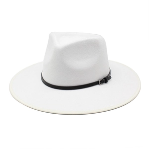 Classic white wool fedora hat with a wide brim and black belt buckle accessory detail
