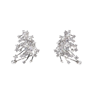 Elegant silver nebula pearl stud earrings with sparkling crystals and floral design