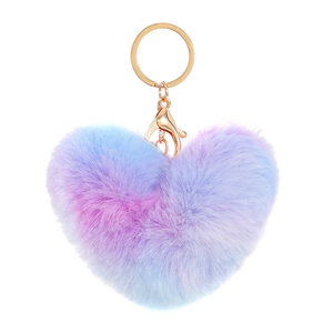 Plush heart keychain with purple blue and pink gradient fur and golden ring