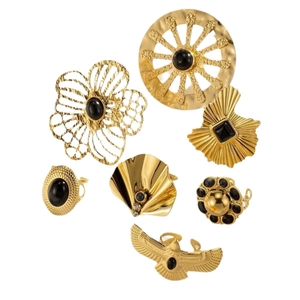 Retro bohemian gold-toned stainless steel open rings set with black resin inlay