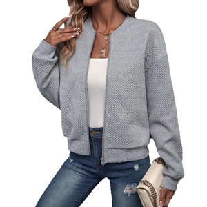 Women's grey zip-up bomber jacket with textured 3D geometric quilted pattern fabric