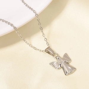 Macro shot of silver 304 stainless steel necklace with a 3D angel wing pendant
