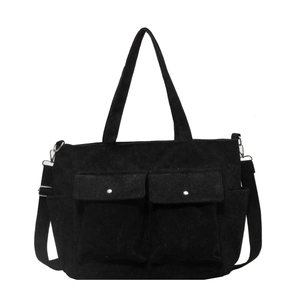 Black corduroy tote bag with multiple pockets and adjustable strap for women's daily use