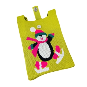 Green knit snowman penguin crossbody bag with magnetic closure and woven shoulder strap