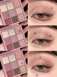 Nine-color eyeshadow palette tutorial showing matte and shimmer shades with step-by-step application