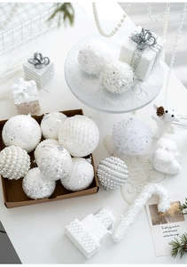Detailed view of white Christmas tree ornaments with sequins, pearls and snowy texture
