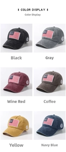 Color display of six vintage washed cotton baseball caps with USA flag embroidery