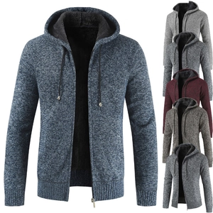 Men's thickened hooded knit cardigan with fleece lining and zipper closure
