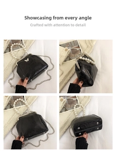 Detailed four-angle view of black crossbody bag with pearl handle and metal chain strap