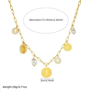 Gold stainless steel coin necklace with cross and pearl charms showing dimensions and weight