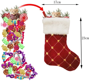 Detail of a 9-inch red velvet Christmas stocking with gold sequins and measurement labels