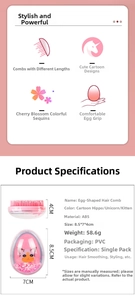 Detailed specs of pink egg-shaped hairbrush with cat pattern and sakura glitters inside