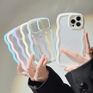 Translucent wave frame phone case for iPhone 16 in various soft pastel candy colors