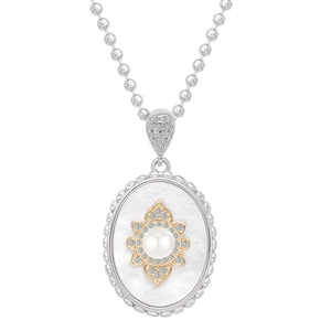 Elegant 925 sterling silver oval necklace with mother of pearl and pearl pendant