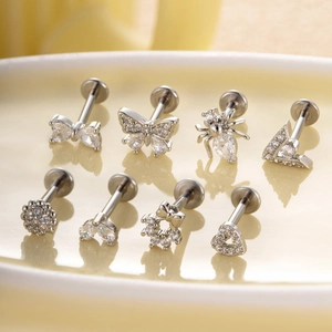 8pcs silver stainless steel labret studs with butterfly, heart and zircon designs