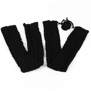 Close-up of black cable knit leg warmers with drawstring detail for women