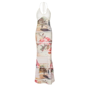 Detail of knit halter top with hollow texture and vintage rose print spliced dress