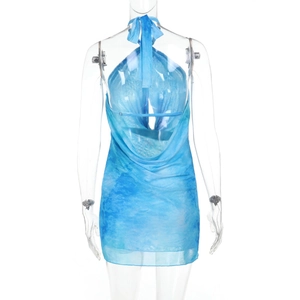 Detail of blue tie-dye floral halter dress showing deep backless design on mannequin