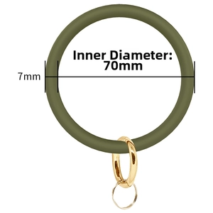 Detail showing an olive green silicone bracelet keychain with a 70mm inner diameter