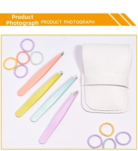 Detailed view of four Morandi colored tweezers and white PU leather storage case set