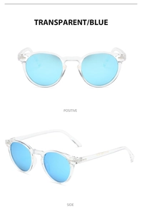 Detail of transparent sunglasses with blue mirrored lenses and metal rivets on the side