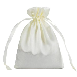 Beige satin drawstring bag with silky finish for jewelry and gift packaging on white background