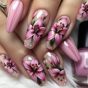 Long Ballerina Press On Nails Fresh Pastoral Lily Pattern Glossy Artificial Nails With Jelly Glue For Women Manicure Decor