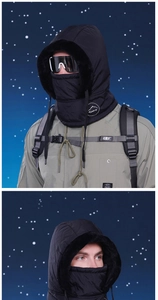 Detail of winter windproof hooded neck warmer with faux fur lining and drawstring closure