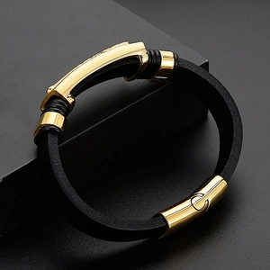 Bracelet pour homme en cuir noir avec fermoir magnétique en acier inoxydable doré