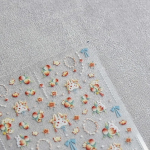 Stereo Japanese nail art stickers with cute rabbit, peach and floral patterns