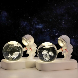 3D laser engraved crystal ball astronaut night lights with dolphin and jellyfish themes