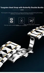 Detail of two-tone tungsten steel watch strap with double butterfly buckle closure