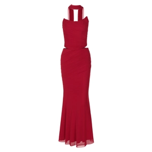 Detailed close-up of red double-layer mesh fabric and draped pleats on the evening dress