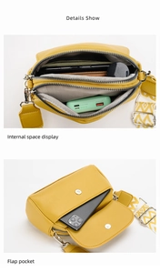 Internal view of yellow crossbody bag with wide strap showing phone and accessories space