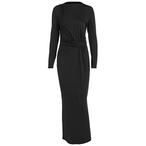 Slim fit black long sleeve midi dress with turtleneck and side ruching detail