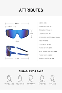 Detailed size chart of blue camo sports sunglasses showing frame and lens dimensions