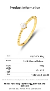 Detail view of S925 sterling silver gold plated ring with shell pearl and size specifications