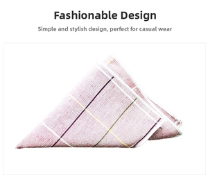 Detail of light pink plaid pocket square with woven texture and white stitched edges