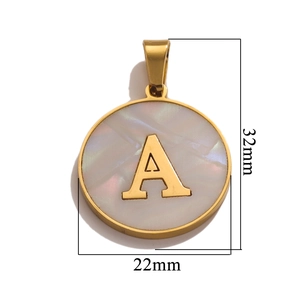 Detailed view of golden stainless steel shell pendant letter A with 32mm by 22mm size