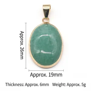 Oval green natural agate crystal pendant with gold plating and 26mm x 19mm dimensions