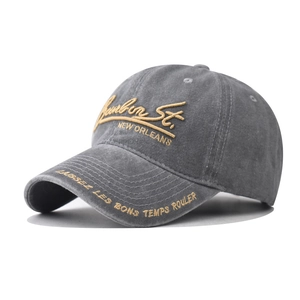 Vintage washed cotton baseball cap in grey with yellow embroidery for outdoor style