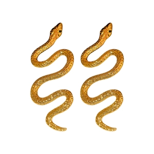 Elegant gold snake shaped long drop earrings with detailed scale texture and sparkling stones