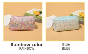 Detail of sequined makeup bags with pearl zipper charms and rainbow or blue glitter textures