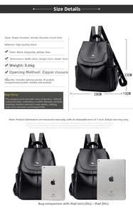 Detailed size chart for black pebble leather backpack measuring 28x33x10cm with iPad fit