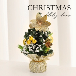 Mini Christmas tree ornament with gold flowers, white berries and striped fabric base